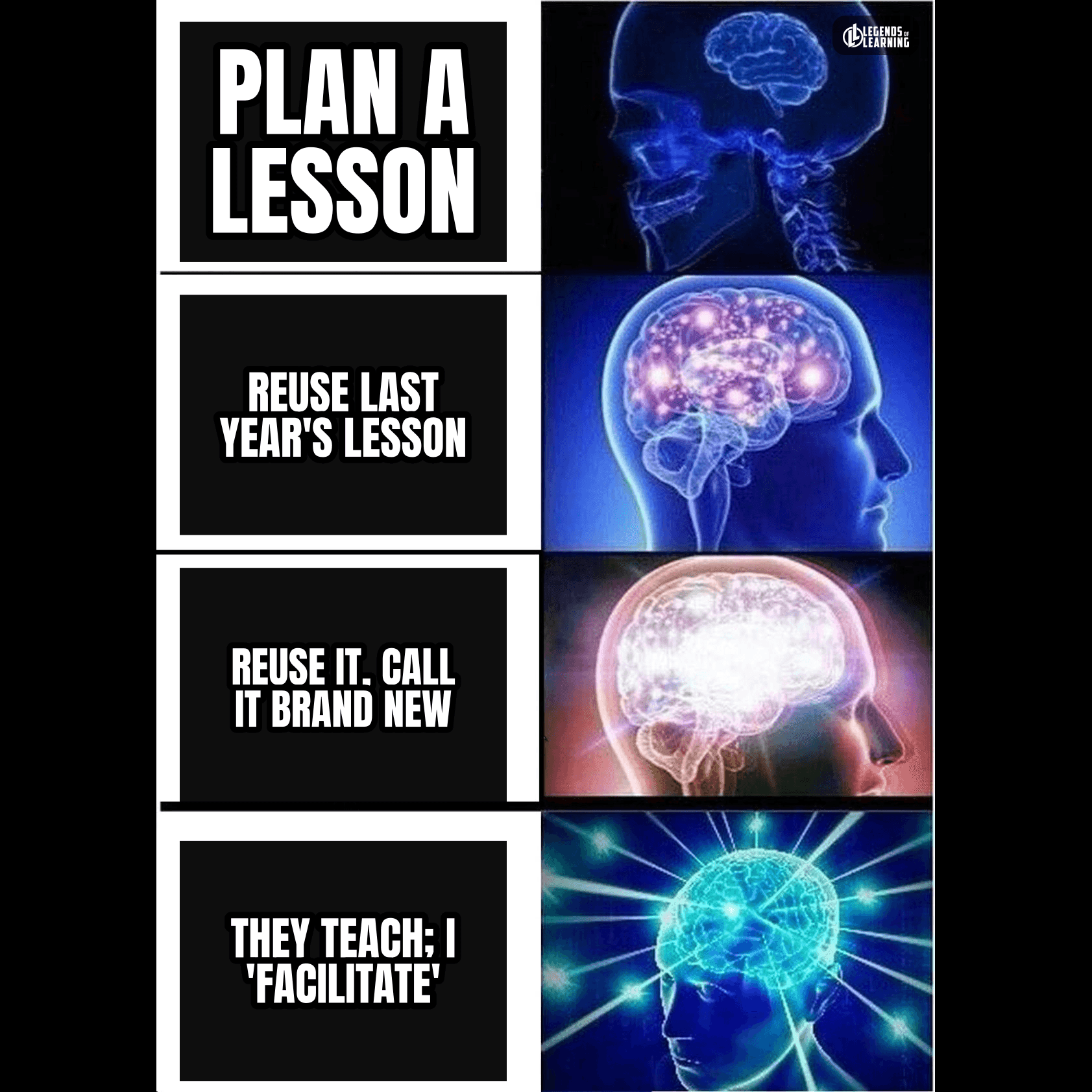 PLAN A LESSON / REUSE LAST YEAR / CALL IT BRAND NEW / THEY TEACH, I 'FACILITATE'